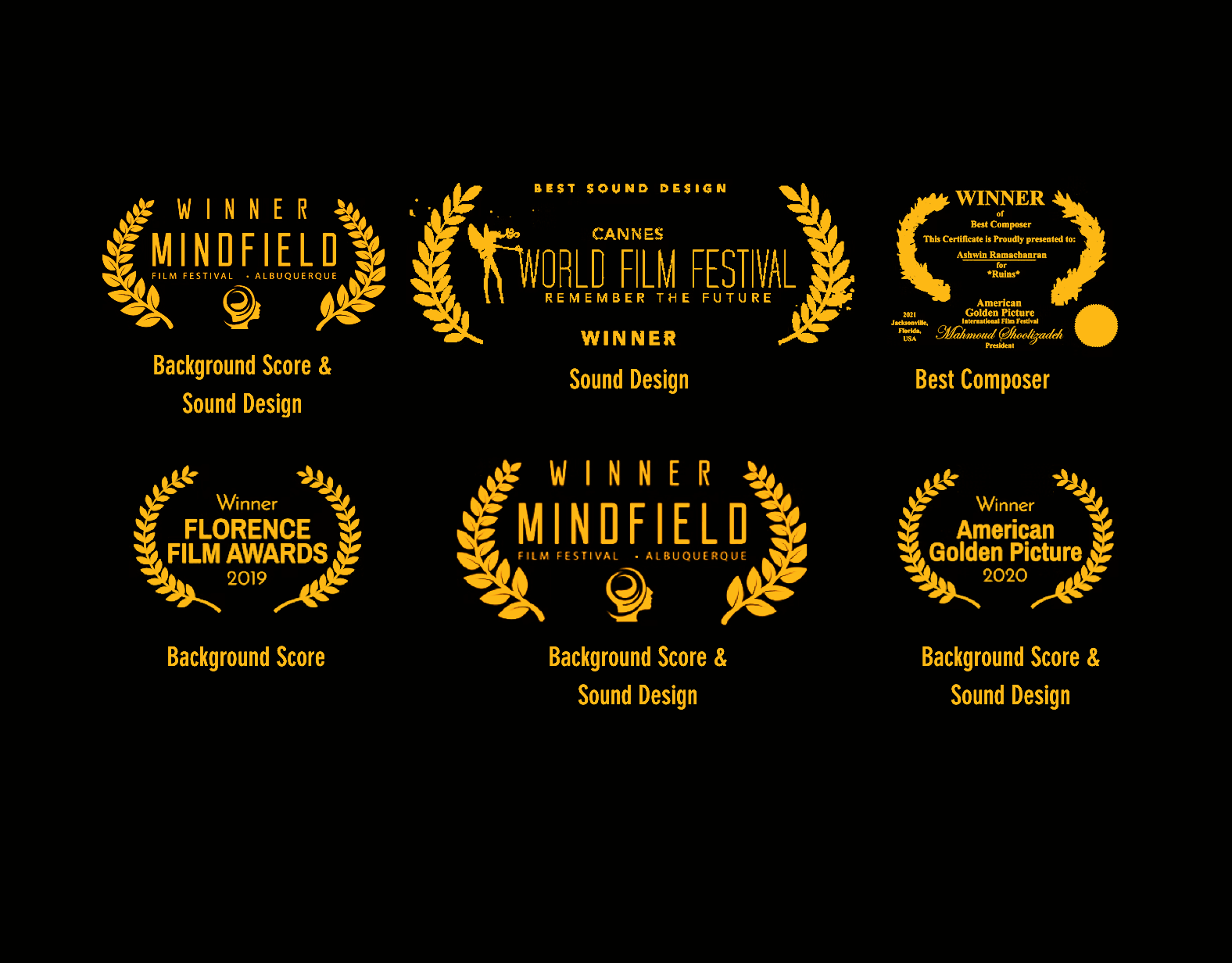 Award laurels: Cannes World Film Festival, Mindfield Film Festival, Florence Film Awards, American Golden Picture